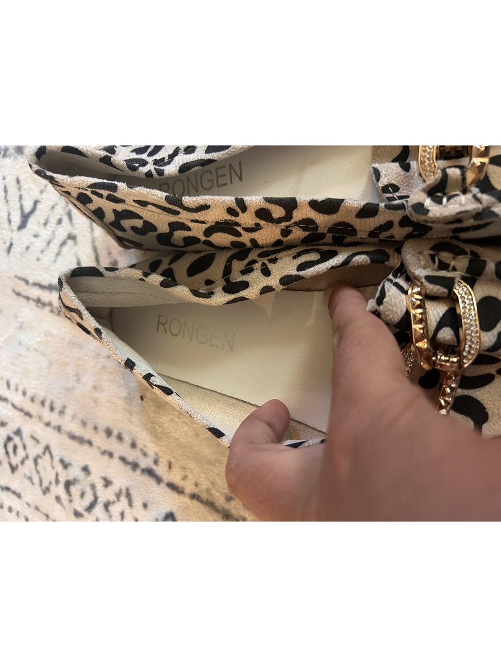 Rongen Women's Leopard Print Loafers with Gold Chain Detail - Picture 3 of 5